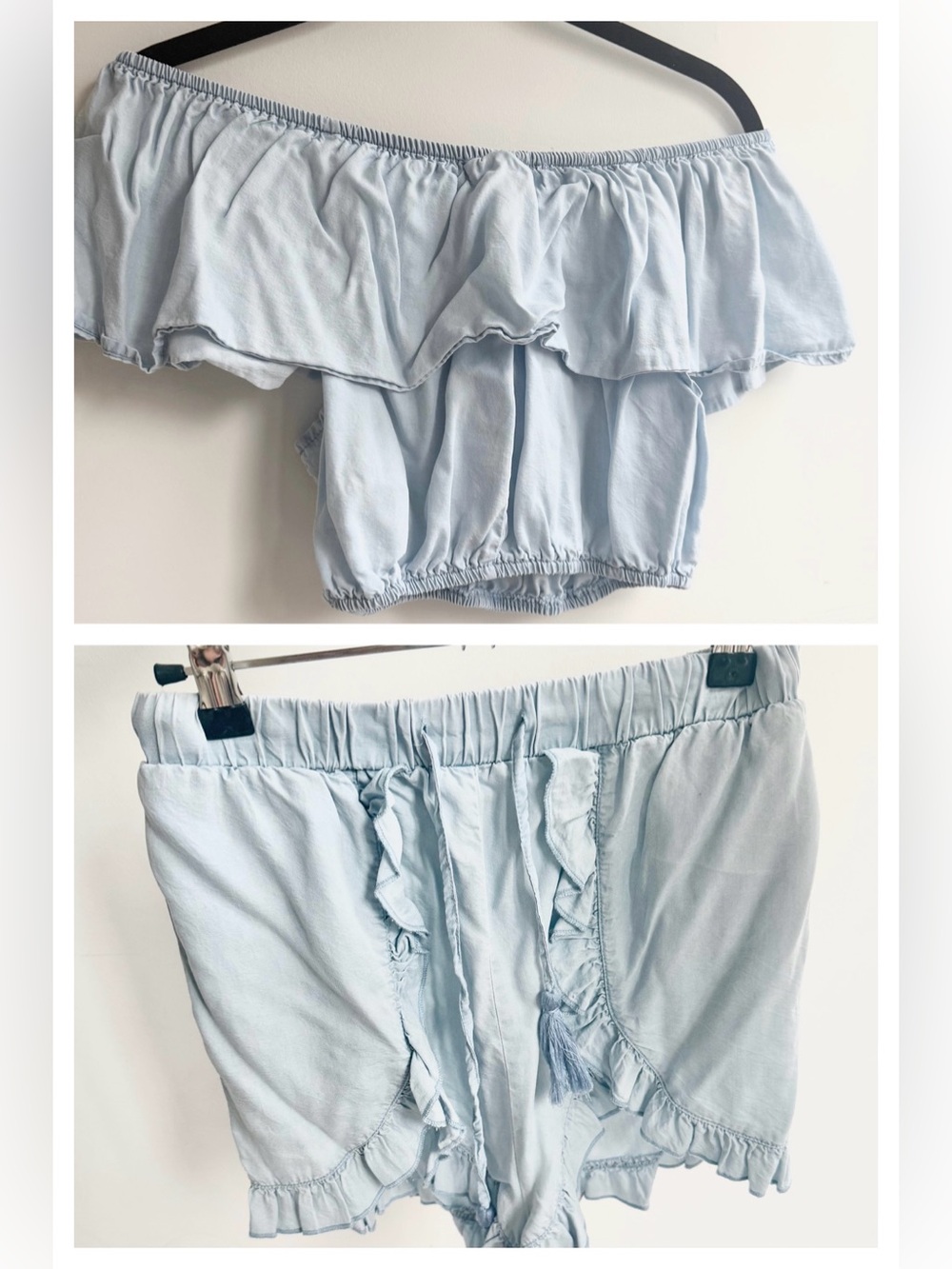 Light Blue Off-Shoulder Ruffle Two-Piece Set